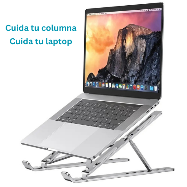 Soporte ajustable para laptop de aluminio con 7 niveles de altura, diseño ergonómico para mejorar la postura y aliviar dolores de espalda, cuello y hombros. Incluye almohadillas antideslizantes y sistema de disipación de calor. Ideal para trabajo y estudio.