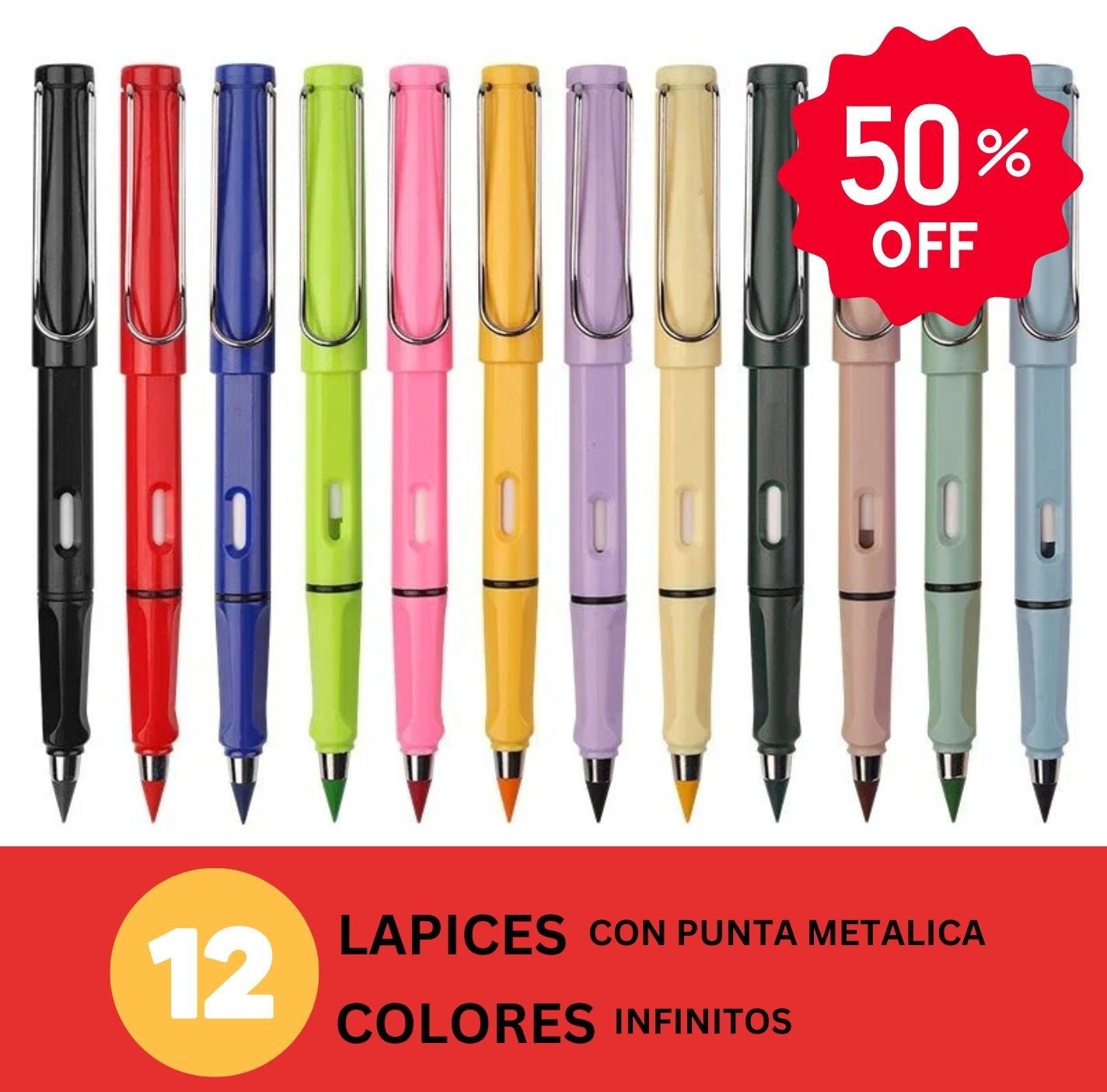 12 Lapices Infinitos de 12 Colores—¡No Requieren Tinta Ni Mina!