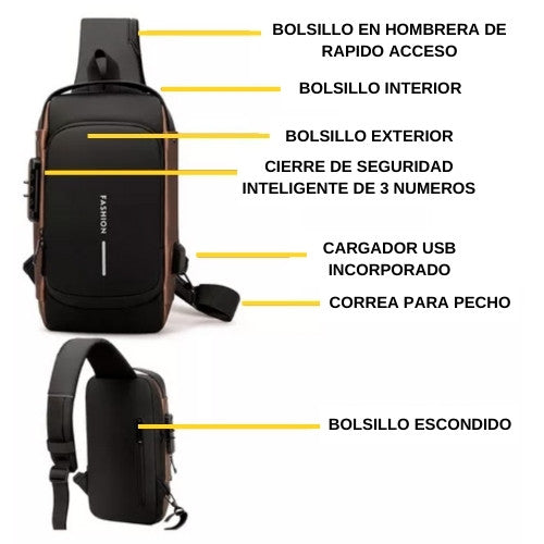 Mochila de Pecho Antirrobo Impermeable—Incluye Cierre de Seguridad Inteligente y Cargador USB Para Celular