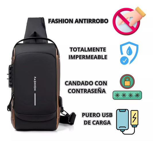 Mochila de Pecho Antirrobo Impermeable—Incluye Cierre de Seguridad Inteligente y Cargador USB Para Celular