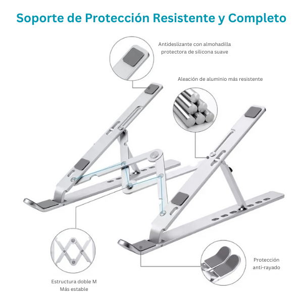 Soporte ajustable para laptop de aluminio con 7 niveles de altura, diseño ergonómico para mejorar la postura y aliviar dolores de espalda, cuello y hombros. Incluye almohadillas antideslizantes y sistema de disipación de calor. Ideal para trabajo y estudio.